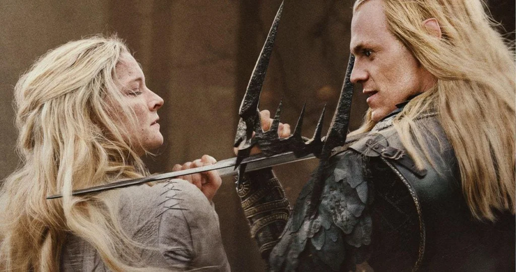Galadriel and Sauron struggle over a spiked black crown in The Rings of Power.