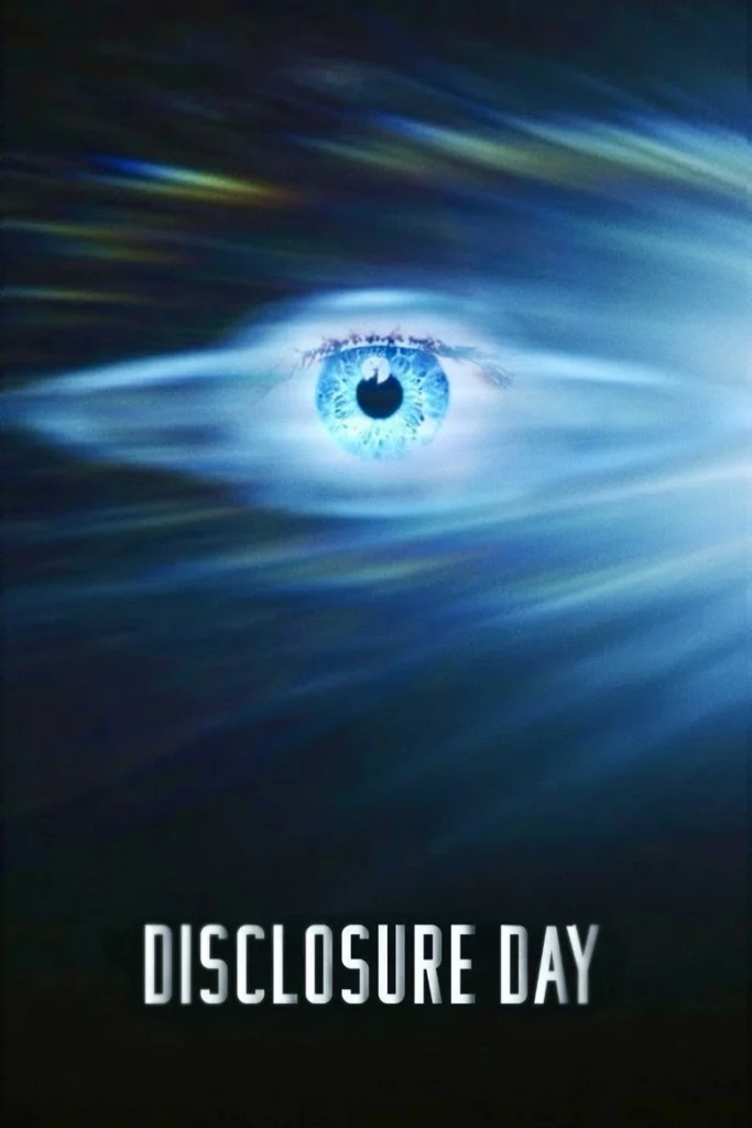 Disclosure Day poster: a blue human eye stares out of darkness as streaks of light rush past.