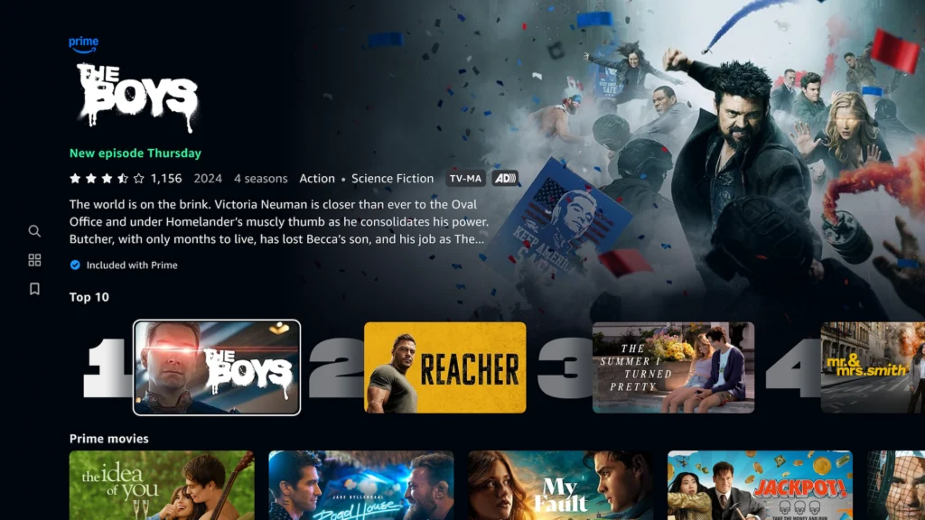 Prime Video home screen promoting The Boys above a Top 10 row of Amazon originals.