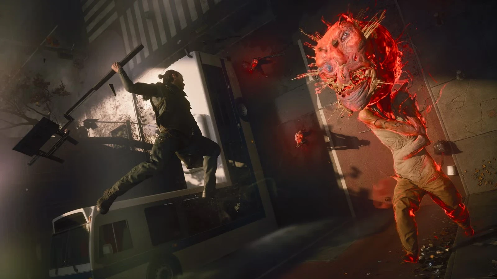 A player character swings a metal pole at a grotesque, red-glowing Hiss-corrupted enemy on a Manhattan street.