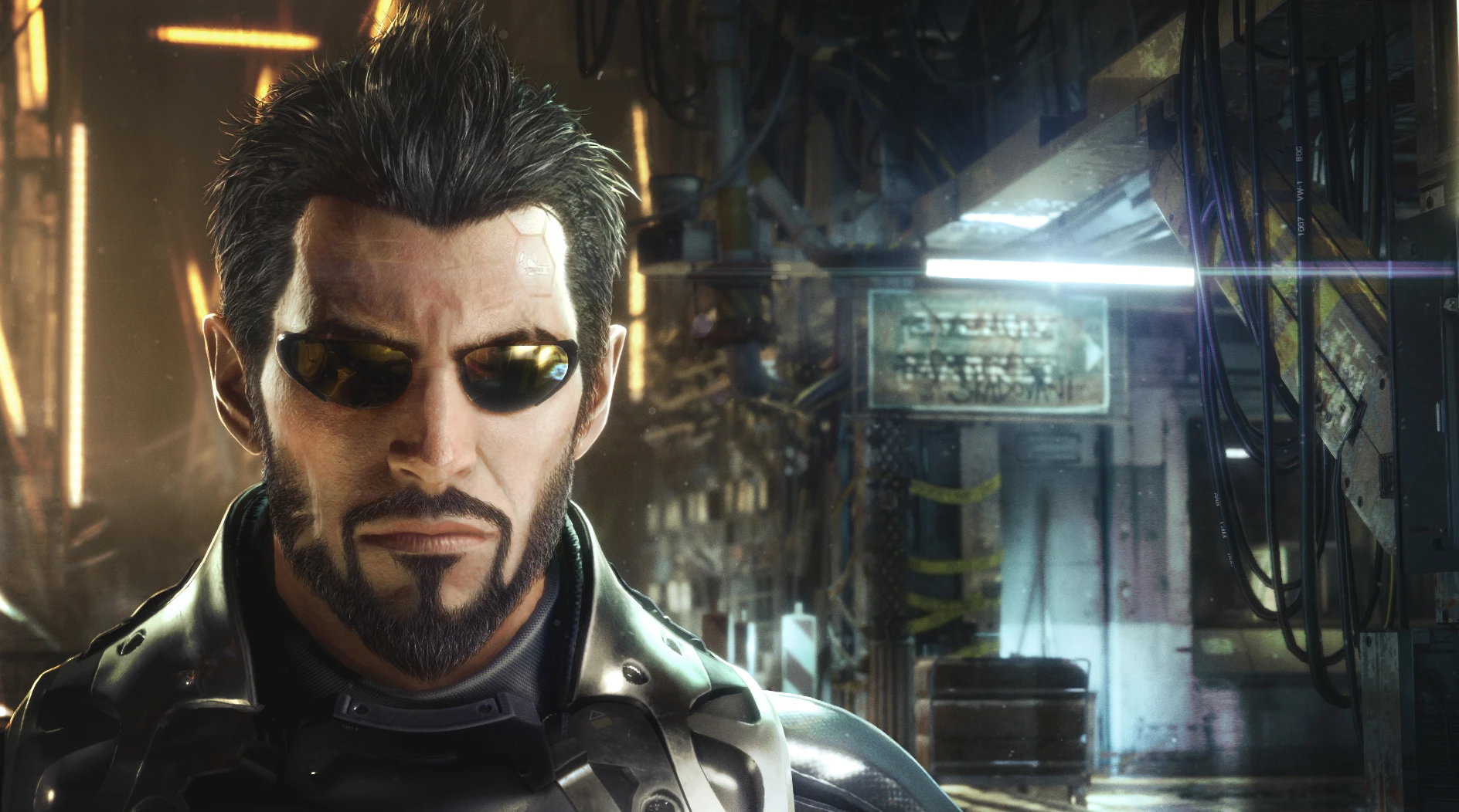 Close-up of Adam Jensen in sunglasses from Deus Ex: Mankind Divided.