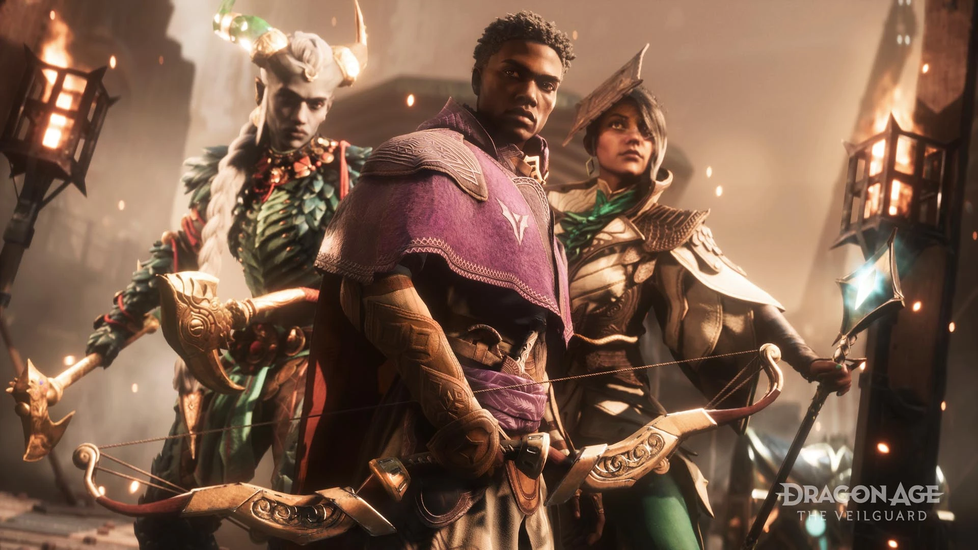 Three characters pose with weapons in Dragon Age: The Veilguard.