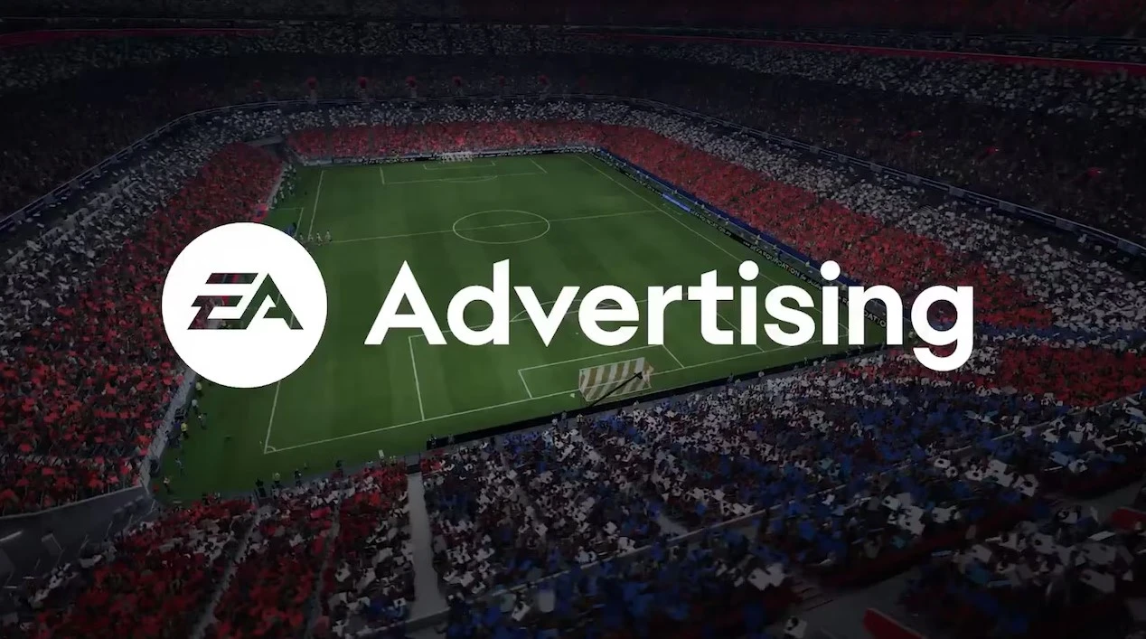 The EA Advertising logo over an EA Sports FC stadium full of fans.
