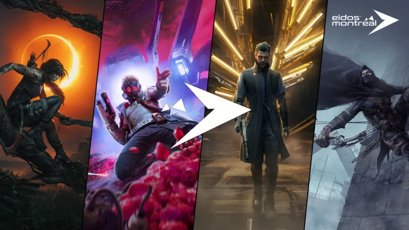 Key art for Shadow of the Tomb Raider, Marvel's Guardians of the Galaxy, Deus Ex: Mankind Divided, and Thief beside the Eidos-Montréal logo.