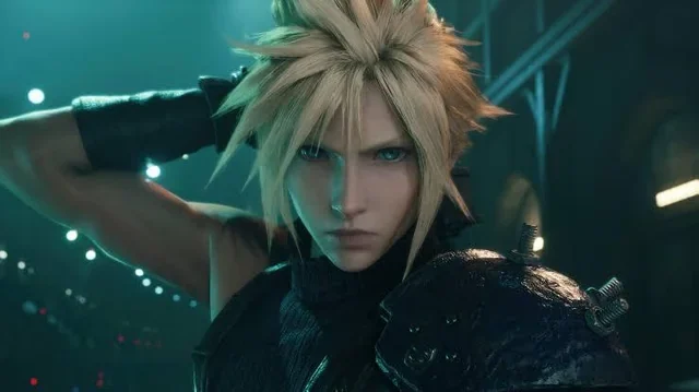 A close-up of Cloud Strife, blond and blue-eyed, in Final Fantasy VII Remake.
