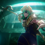 A crowned warrior with long green hair readies an axe in a dimly lit hall, in a cinematic scene from Fire Emblem: Fortune's Weave.