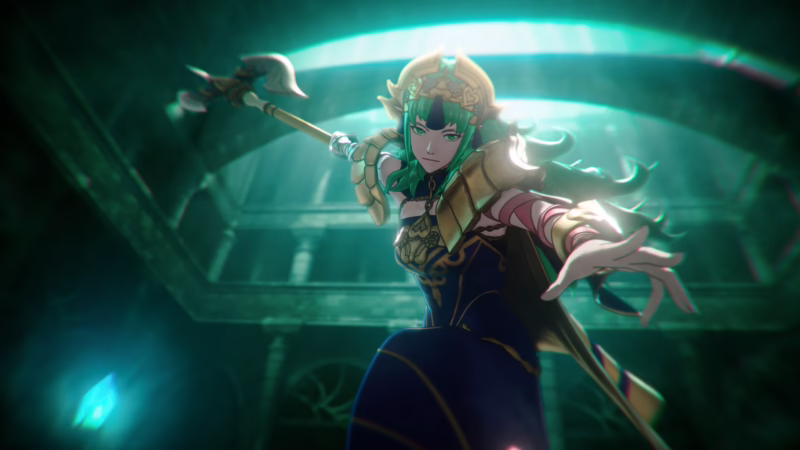 A crowned warrior with long green hair readies an axe in a dimly lit hall, in a cinematic scene from Fire Emblem: Fortune's Weave.