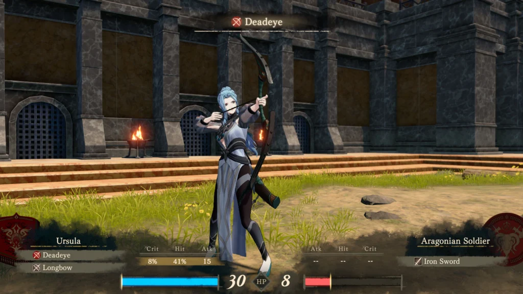 Ursula fires a longbow Deadeye shot in a Fortune's Weave battle scene outside a stone fortress.