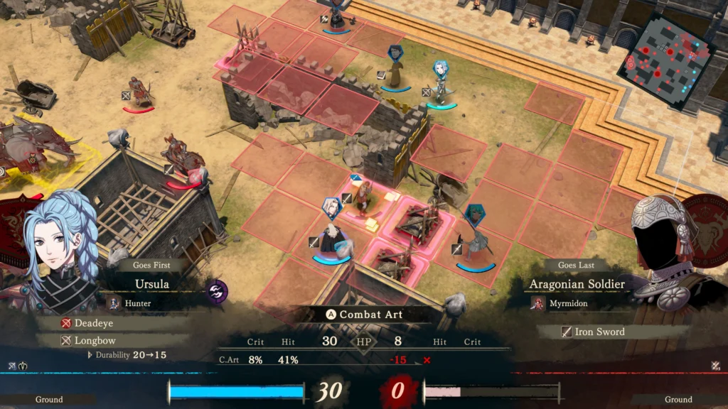 A tactical map battle in Fire Emblem: Fortune's Weave, with the hunter Ursula facing an Aragonian soldier across a desert fort.