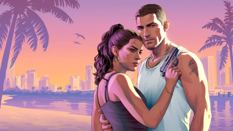 Key art for Grand Theft Auto VI showing Lucia embracing Jason, who holds a pistol, against a pastel Vice City skyline and palm trees at sunset.