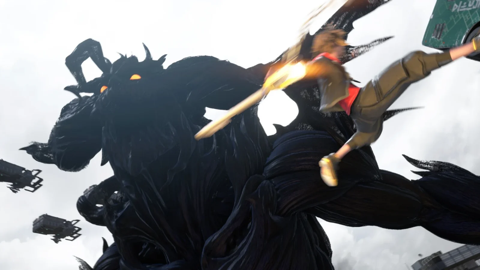 Sora leaps with a Keyblade at a giant dark creature in a Kingdom Hearts IV trailer.