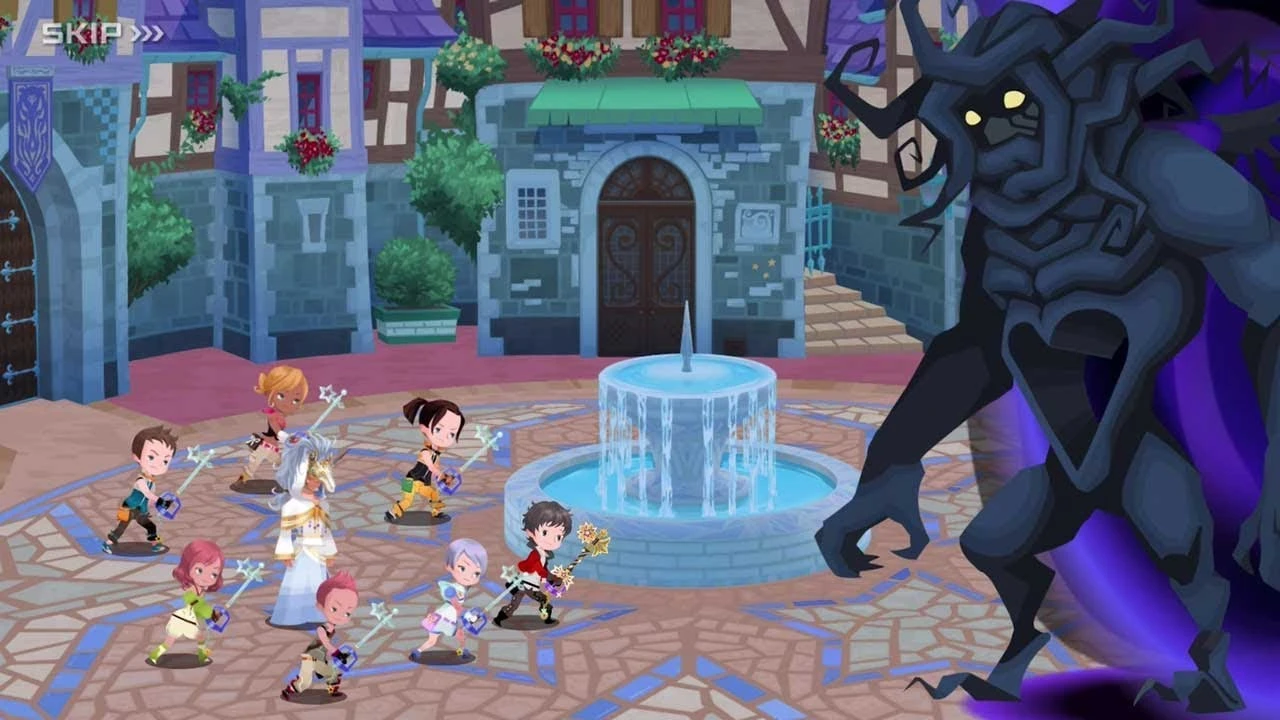 Chibi Keyblade wielders gather around a fountain in Daybreak Town facing a Heartless in Kingdom Hearts Union Cross.