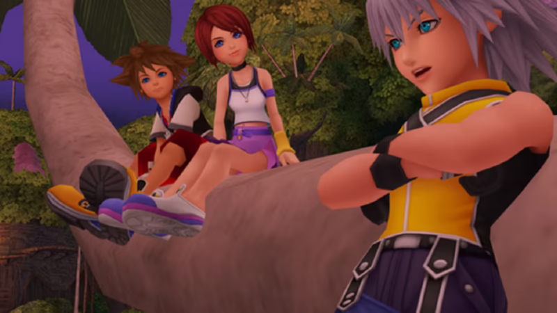 Sora, Kairi, and Riku sit together on a bent palm tree on Destiny Islands in a Kingdom Hearts cutscene.