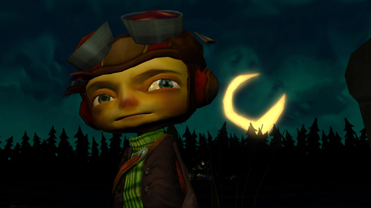 Raz, the goggle-wearing young hero of Psychonauts, stands before a glowing crescent in a dark forest.