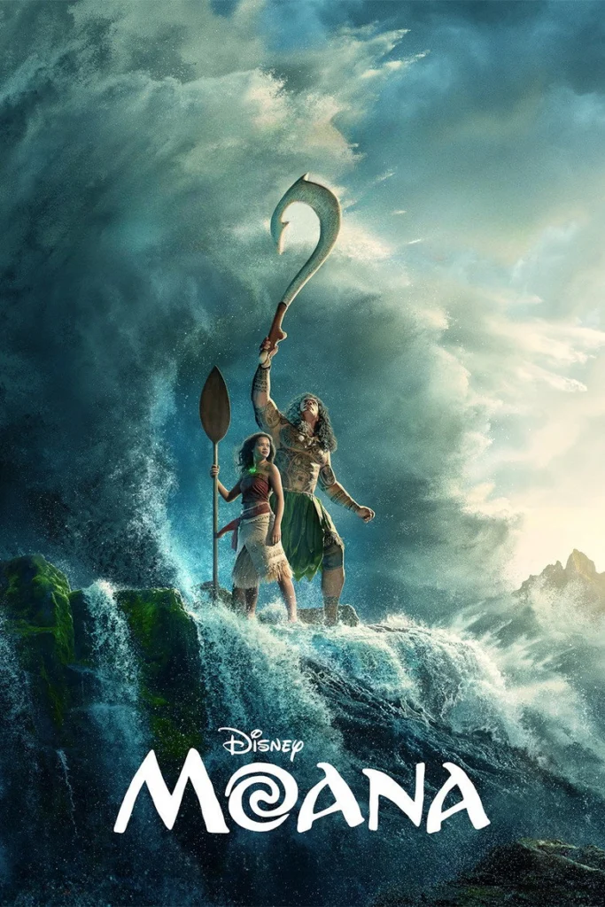 Live-action Moana poster: Moana holds an oar and Maui raises his fish hook on a rock amid a towering wave.