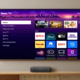 A Roku TV home screen on a wall-mounted television showing streaming apps including Netflix, Disney+, and Tubi.