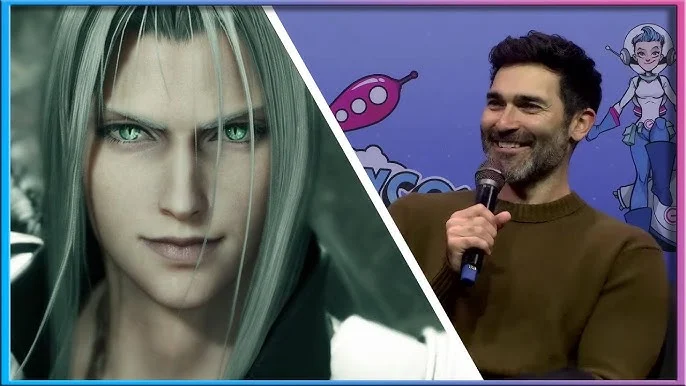 A split image of Sephiroth from Final Fantasy VII beside voice actor Tyler Hoechlin holding a microphone at an event.