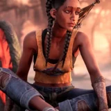 Hazel, the braided young protagonist of South of Midnight, sits cross-legged at sunset.