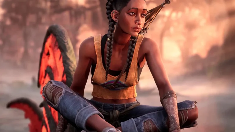 Hazel, the braided young protagonist of South of Midnight, sits cross-legged at sunset.