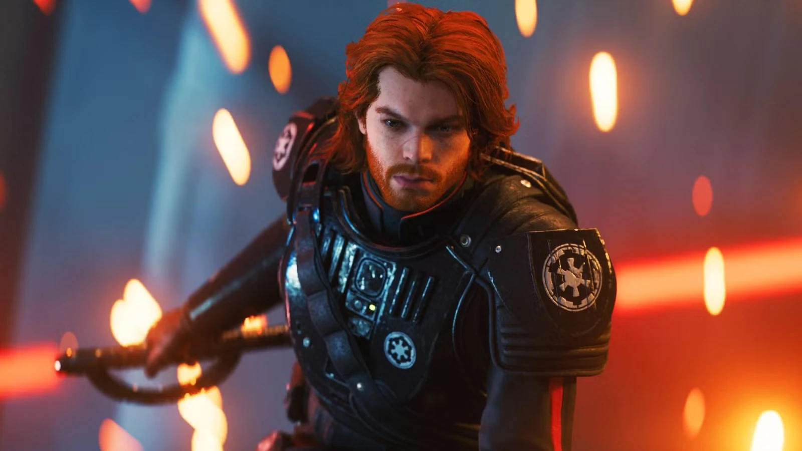 Cal Kestis, red-haired and bearded, in dark Imperial-style armor with the cog insignia on his shoulder and chest, grips a lightsaber hilt amid falling embers.