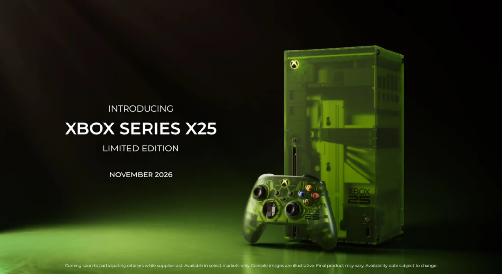 Promotional image of a translucent green Xbox Series X25 limited-edition console and matching controller, labeled November 2026.