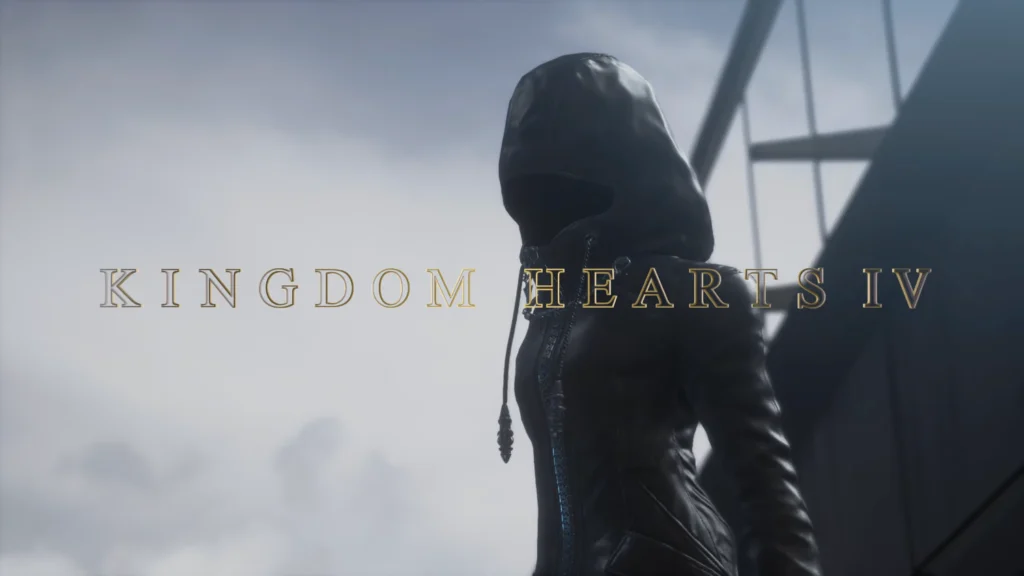 A hooded figure in a black coat stands by a railing under a grey sky, with the gold Kingdom Hearts IV logo across the frame.