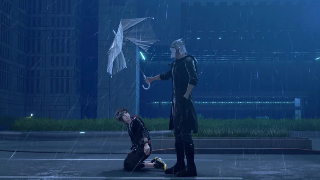 In night rain, a silver-haired man in black holds an inside-out white umbrella over a young man kneeling on wet pavement in a modern city.