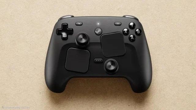 Top-down view of Valve's black Steam Controller, with a d-pad, four face buttons, two thumbsticks, and two square trackpads.