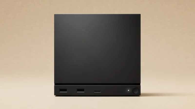 Valve's black, cube-shaped Steam Machine seen from the front, with two USB-A ports, a microSD card slot, and a power button along its base.