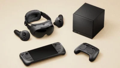 Valve's 2026 SteamOS hardware lineup laid out together: the Steam Frame VR headset and its two controllers, the Steam Deck handheld, the cube-shaped Steam Machine, and the Steam Controller.