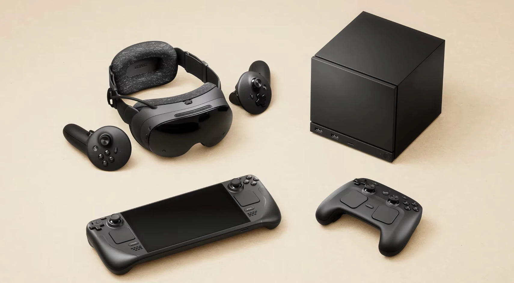 Valve's 2026 SteamOS hardware lineup laid out together: the Steam Frame VR headset and its two controllers, the Steam Deck handheld, the cube-shaped Steam Machine, and the Steam Controller.